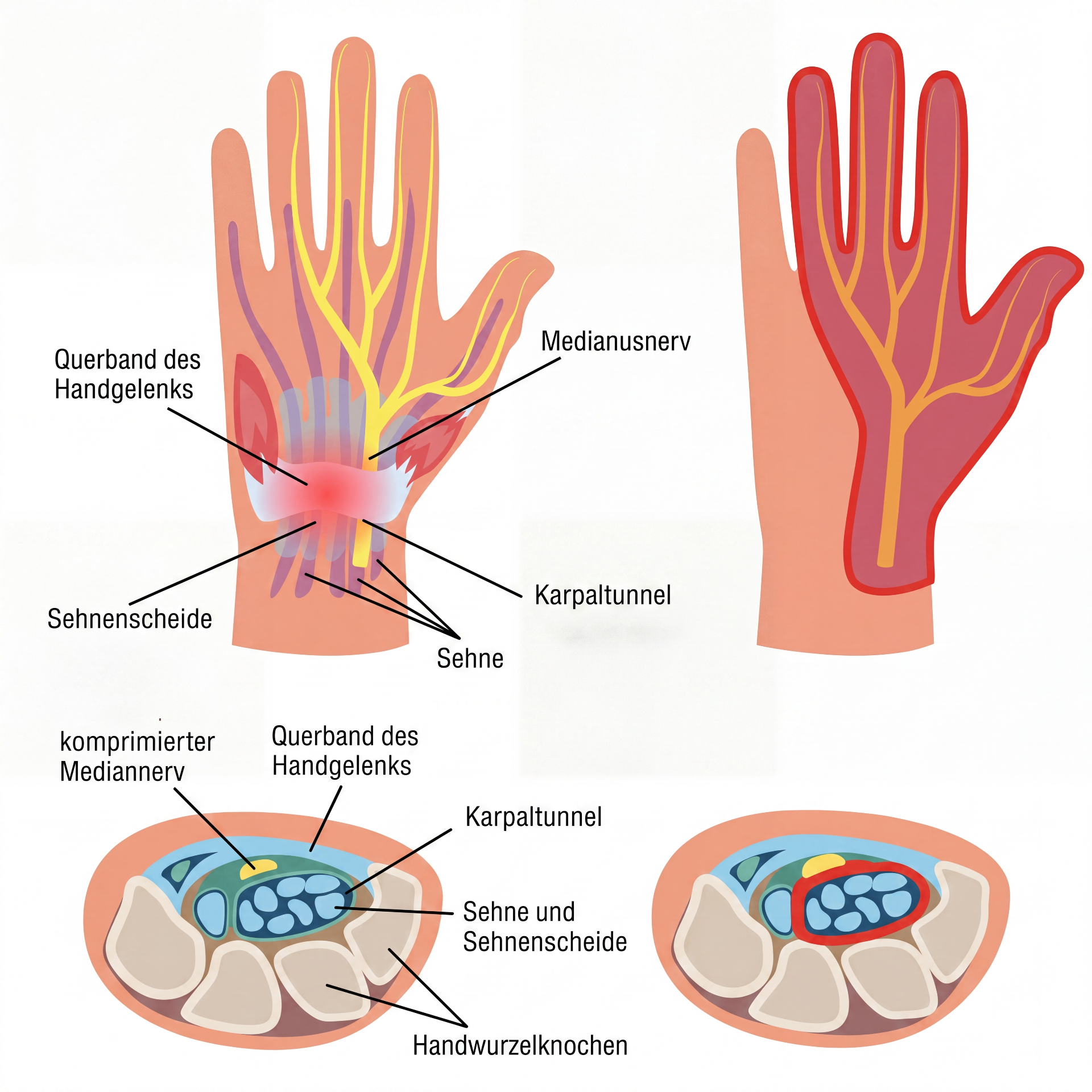Anatomie des Karpaltunnels mit Beschriftungen